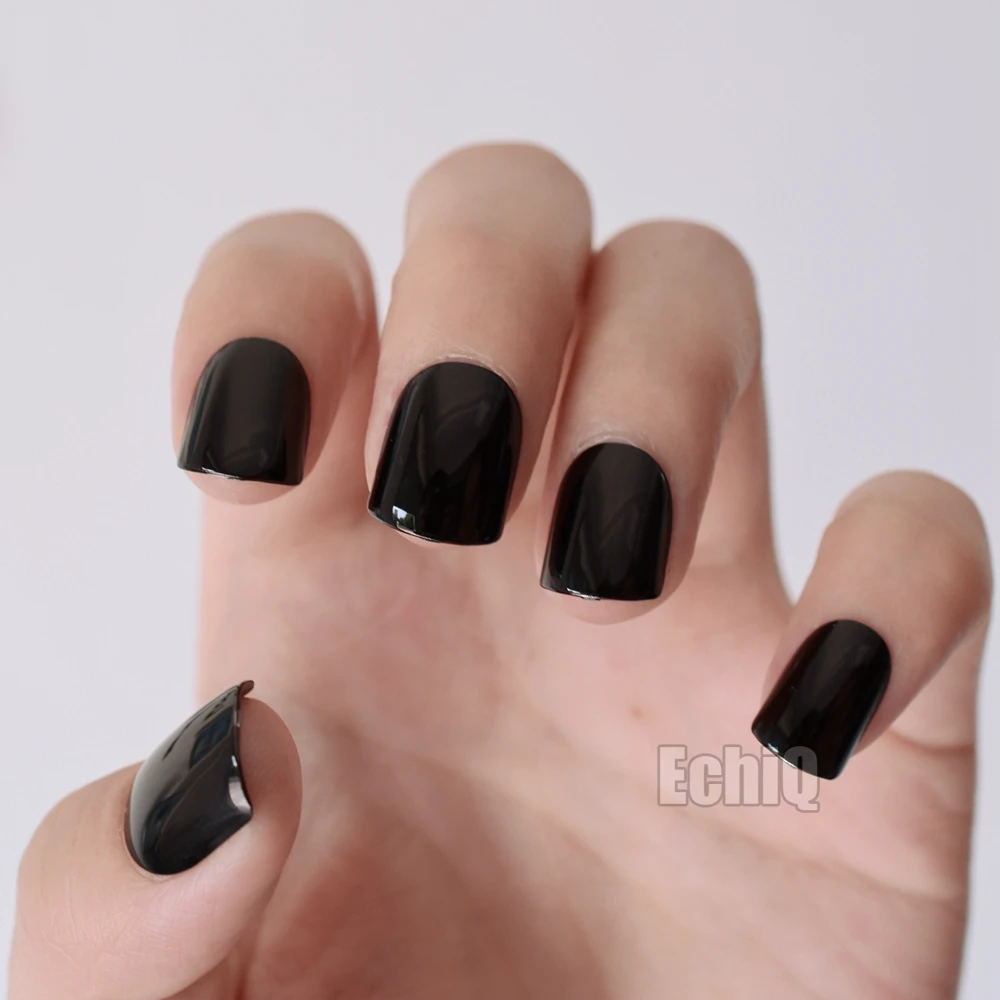 24pcs/kit Classic Black Metallic Acrylic Nails Short Full ...