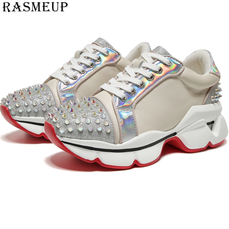 

RASMEUP Autumn Brand Flat Shoes Women Retro Stud Platform Sneakers White Casual Shoes With Rivets Genuine Leather Female Shoes