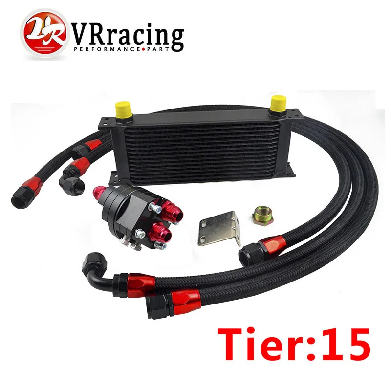 VR RACING UNIVERSAL 15 ROWS ENGINE OIL COOLER ALUMINUM OIL FILTER COOLER RELOCATION KIT 3XBLACK NYLON