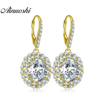 

AINUOSHI 14K Solid Yellow Gold Drop Earring Women Jewelry 8 Carat Pear Cut SONA Diamond Click Back Earring Double Halo Earring