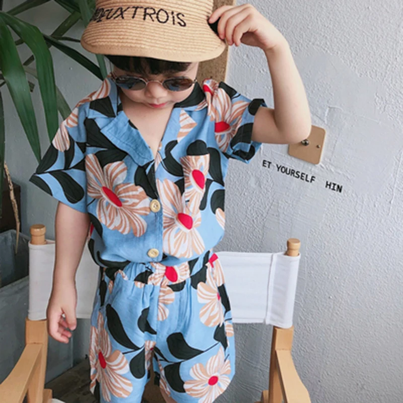 

Summer Boys Clothes Floral Holiday Beach Fashion Sets Girls Kids Cotton Knitted Cool Single-Breasted T shirt +Shorts 2pcs Suits