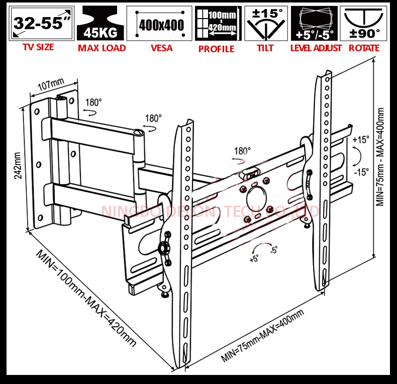 DL-WA-150ST 400X400 полный motion 45 кг 40*42*46*55* Выдвижной поворотный ЖК-дисплей плазменный телевизор кронштейн ЖК-дисплей настенного монтажа светодиодная подставка держатель