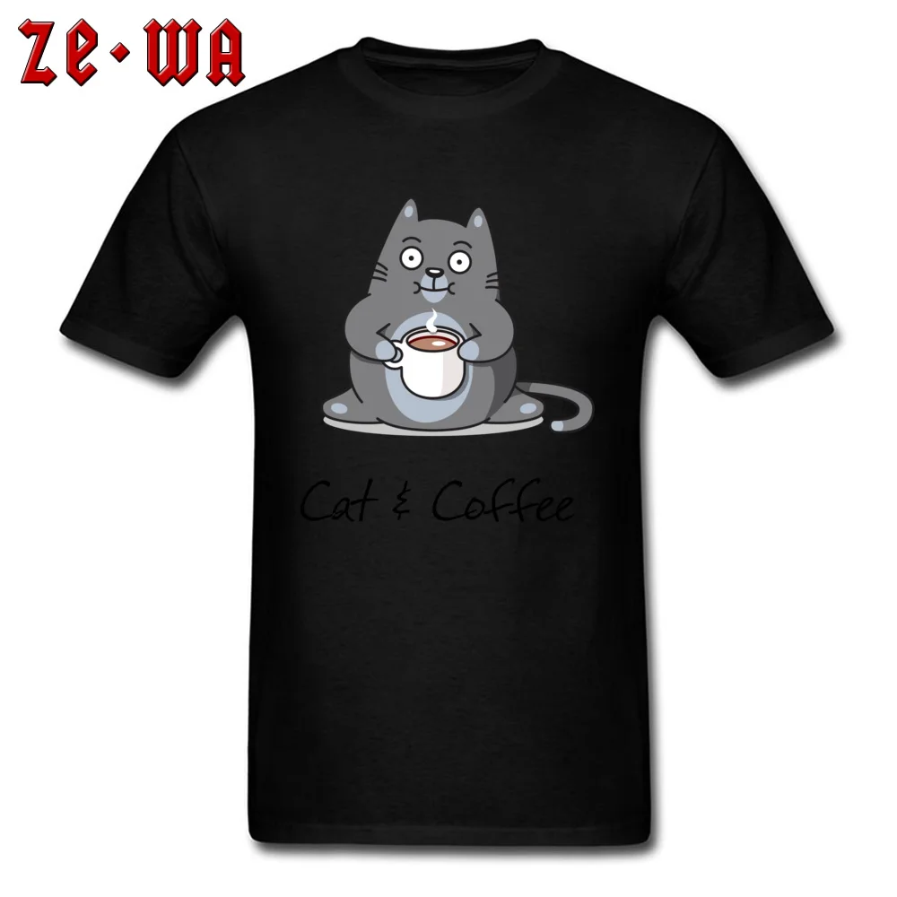 Cat and Coffee Tshirts Short Sleeve Casual Company Men VALENTINE DAY T Shirt Casual Tops T Shirt O-Neck 100% Cotton Cat and Coffee black