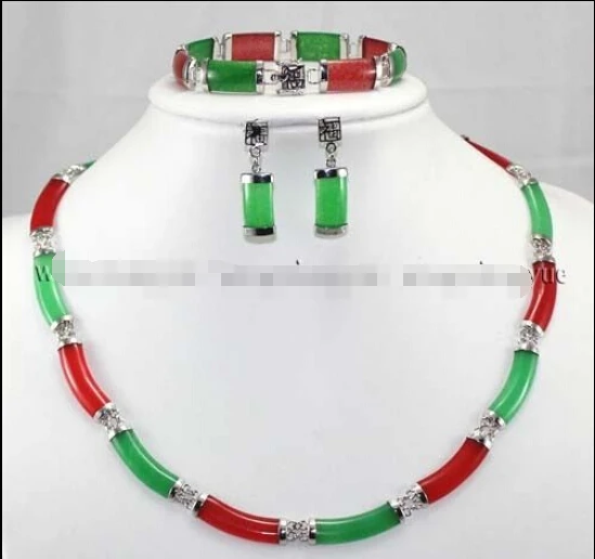 

Hot selling> Fast shipping Charming Red & Green Natural stone Link Necklace Bracelet earrings Set-Bride jewelry free shipping