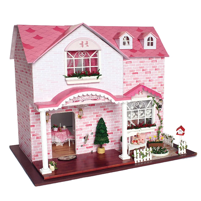 

New Arriving Wisdom DIY Doll House Wooden Doll Houses Pink Sweetheart dollhouse Furniture Kit Toys for children Christmas Gift