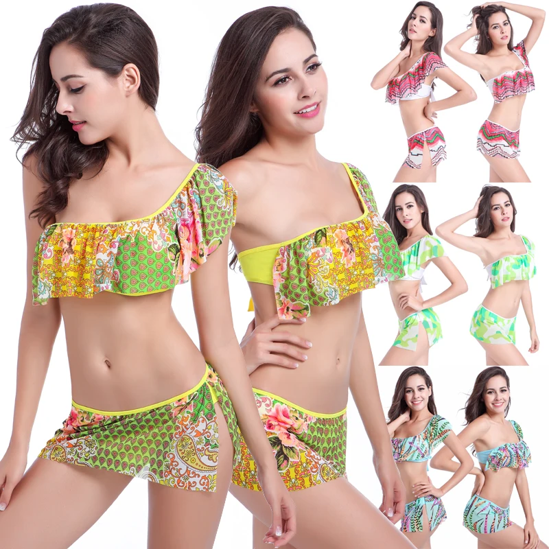 

Bikini Mesh Layer Bathing Costumes Swimming Suit Women One Shoulder Flounce Crochet Swimwear Sexy Bikinis Plus Size XXL Biquini