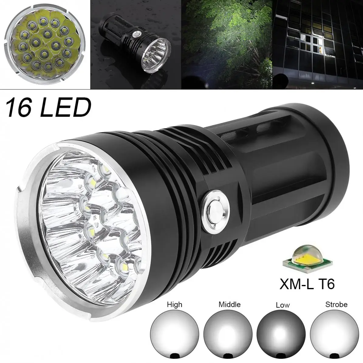 

9000LM Backpacking/Fishing Waterproof Super Bright 4 Modes 16x XM-L T6 LED Aluminum Flashlight Torch