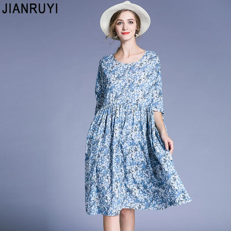 JIANRUYI Loose large size women's summer dress new 200 kg cotton floral ...