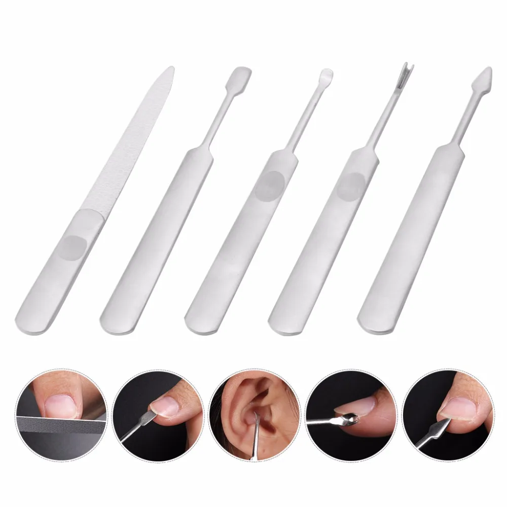 

5Pcs Stainless Steel Pedicure Manicure Set Earpick Nail Scrub Cleaner Tools Set New
