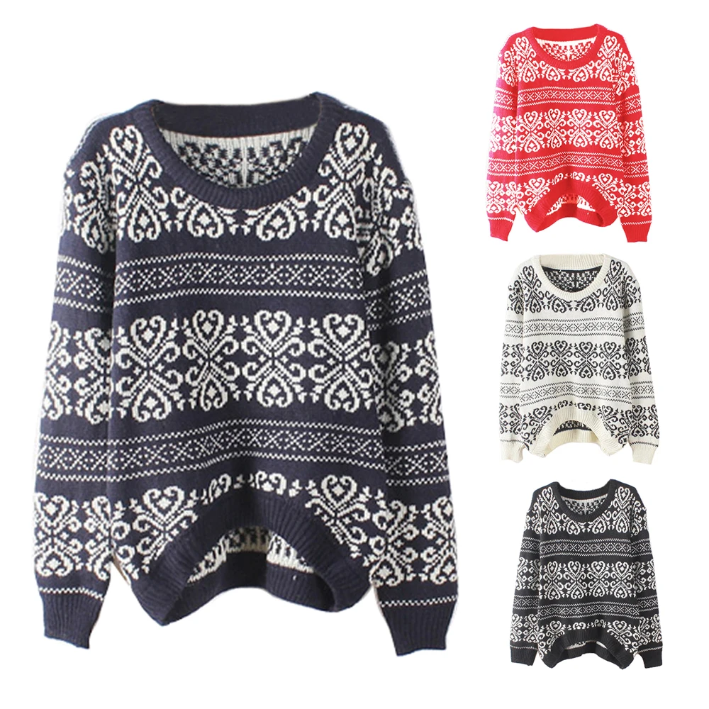 

Woman Knitted Vintage Sweater Round Collar Long Sleeve Pollover Tops Loose Printed Base Shirt Female Autumn Winter Outwear