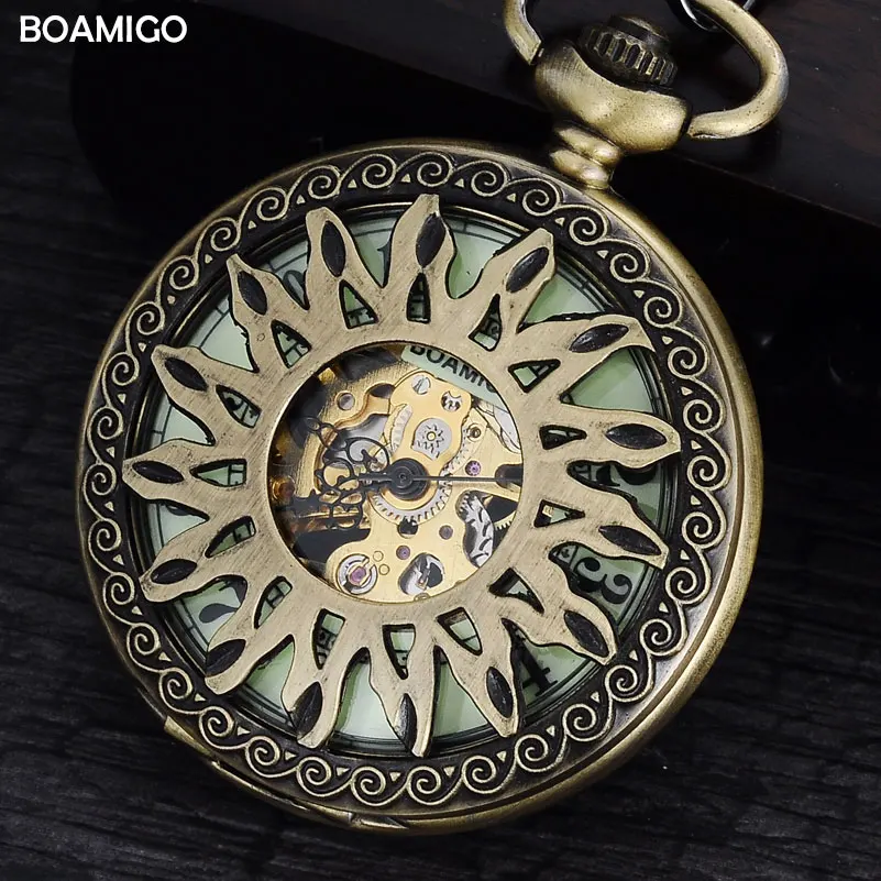 

FOB men pocket watches antique mechanical watches BOAMIGO skeleton roman number watches copper flower design clock reloj hombre