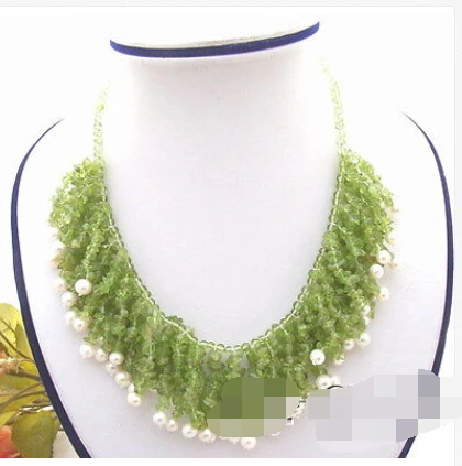 

Beautiful White Pearl&Natural Peridot Necklace Silver Clasp