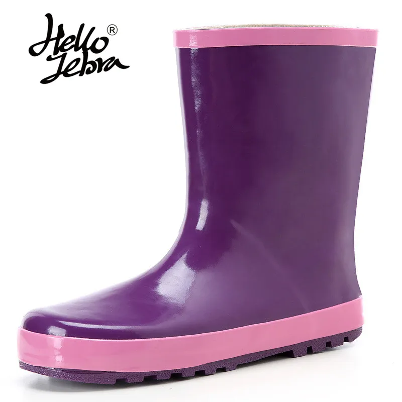 

Hellozebra 2018 New Women Purple Rubber Rain Boots Flat Heels Mid-calf Rainboots Waterproof Water Shoes Woman Wellies Boots