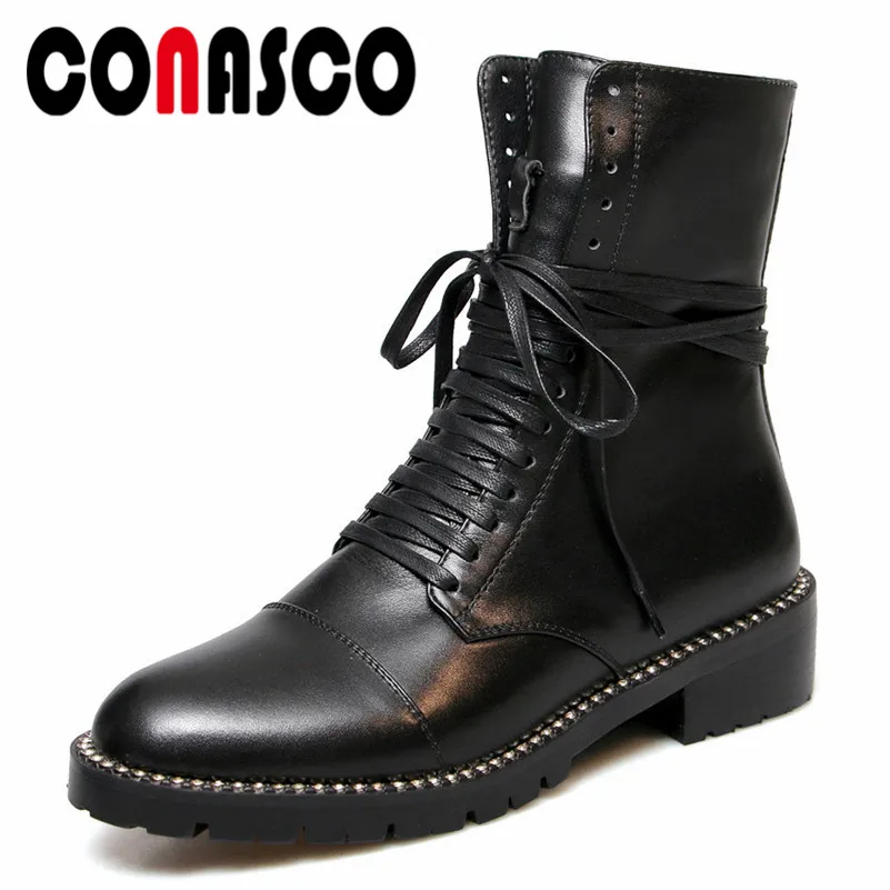 

CONASCO New Women Punk Lace Up Motorcycle Boots High Heels Round Toe Genuine Leather Rock Party Night Club Boots Shoes Woman