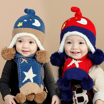 

2016 Winter Baby Hat and Scarf Cute Moon and Stars Crochet Knitted Caps for Infant Boys Girls Children Kids Neck Warmer