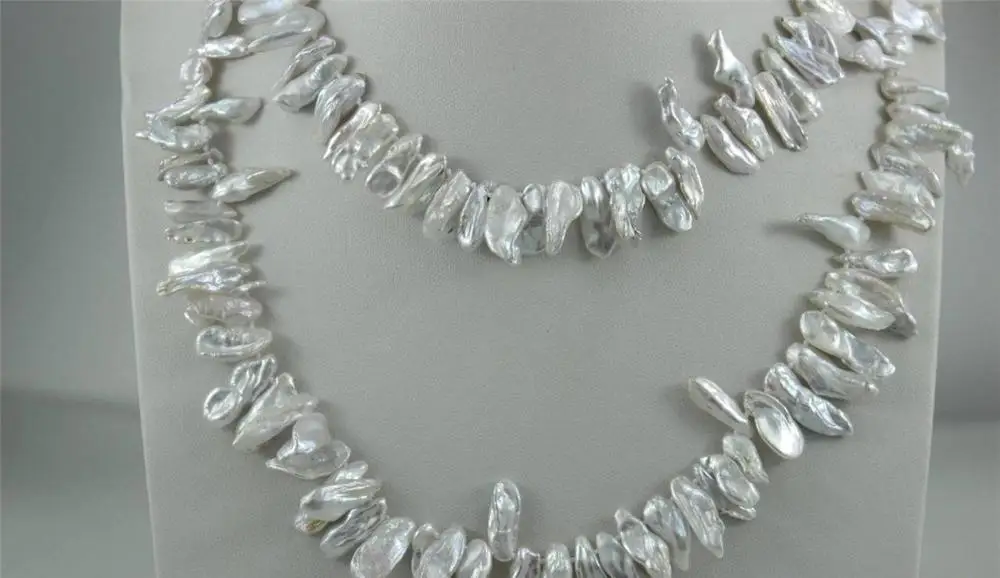 

White Beautiful keshi reborn pearl long necklace 35" 6x20mm No Metal "Handmade