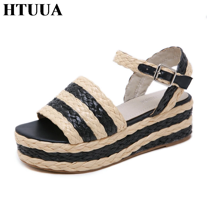 

HTUUA 2019 Summer Women Sandals Roman Style Hemp Rope Platform Wedge Sandals Ladies Chunky Heel Shoes Woman Sandalias SX3076