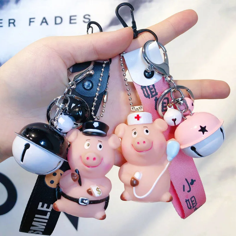 

Cartoon Cute Animal Career Pig Keychain Wrist Band Doll Bell Key Holder Women Car Purse Pendant Key Chain Trinkets Gift Llaveros
