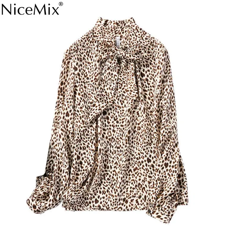 

NiceMix Women Blouse 2019 Spring Summer Fashion Leopard-print Shirt Full Sleeve with Bow Collar Female Casual Tops