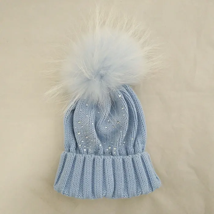 baby blue Зимние енота Лисий мех Pom Алмаз шапочка для обувь девочек мальчиков мяч детские шапочки вязаный крючком детские вязаные Шап - Цвет: baby blue
