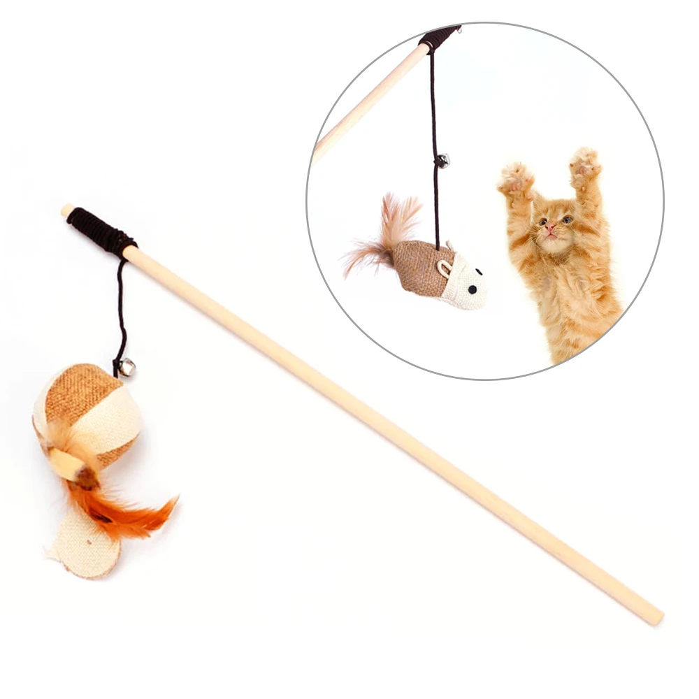 

Funny Cat Interactive Toy Wooden Stick Dangle Mouse Ball With Feather Bell Interactive Cat Games Elastic Rope Toys