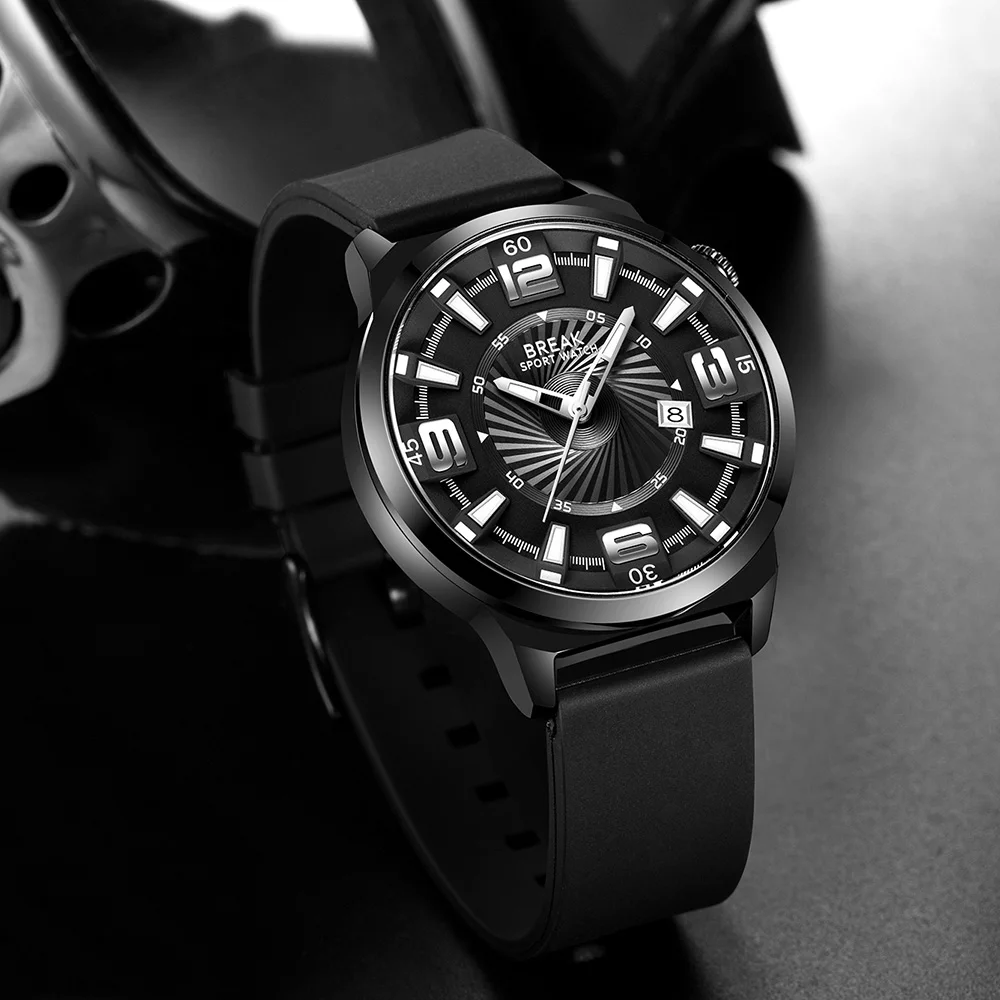 

BREAK Men's Japan Quartz Watches Man Fashion Simple Auto Date Watch Male Black Rubber Sports Luminous Hands Wristwatches 5109