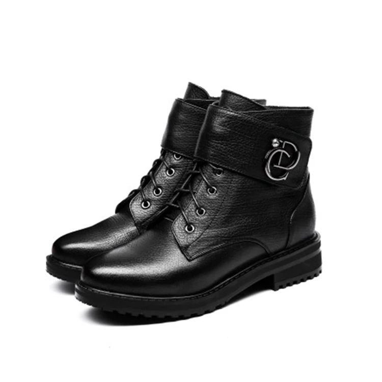 

MLJUESE 2019 women ankle boots cow leather metal decoration zippers winter short plush low heel women martin boots size 35- 40