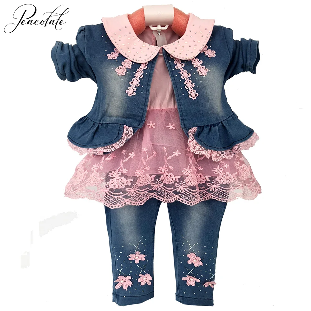 

Spring Autumn Infant Toddler Baby Girl Denim Clothing Sets 3 pcs Long Sleeve T Shirt Tops Denim Jacket and Jeans Trousers