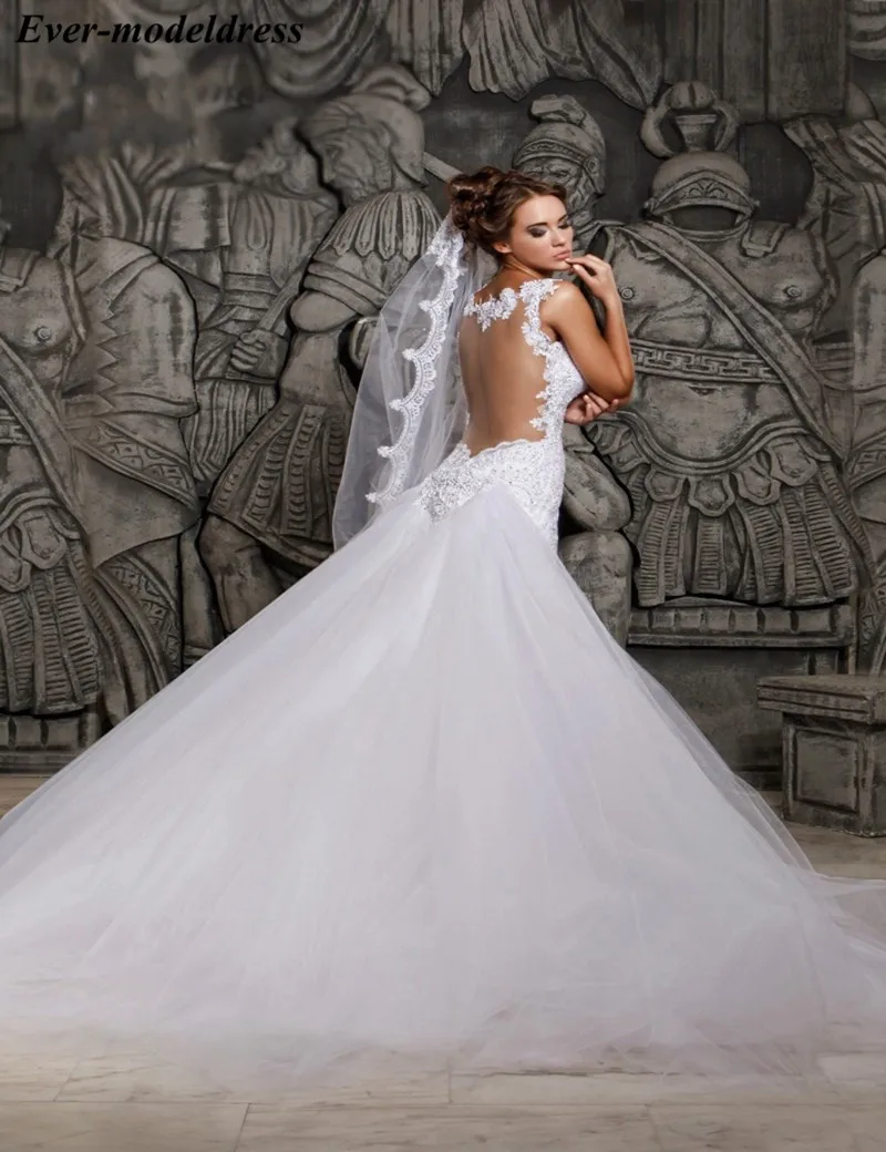 8------Sexy-Illusion-Back-African-Mermaid-Wedding-Dress-Pure-white-color-Plus-Size-Lace-appliques-Crystal-Beading (2)_conew1_