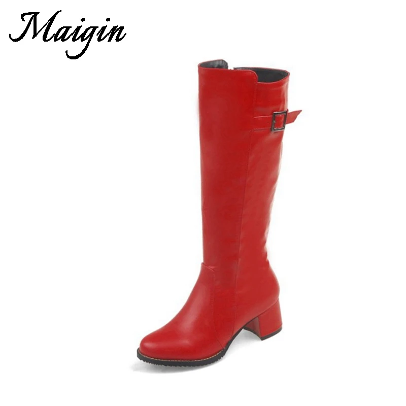 Maigin 2018 New Long Boots Women Round Toe Winter Shoes Women Fashion Warm Button Ladies Shoes Thick Heels Knee High Boots