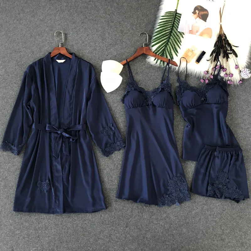 

Spring 4 Pieces Women Pajamas Sets Satin Sleepwear Silk Nightwear Pyjama Spaghetti Strap Sleep Lounge Pijama with Chest Pads