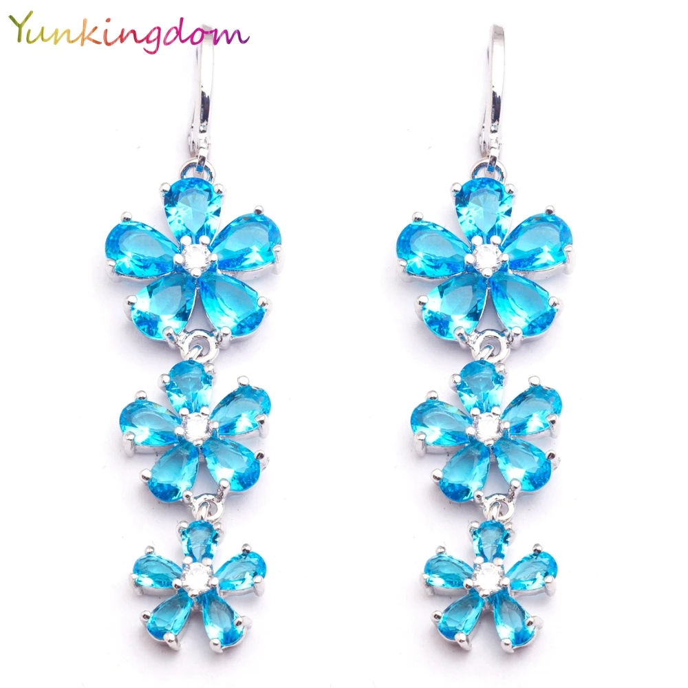 Yunkingdom Three Flowers Design Light Blue CZ Crystal Dangle Long Drop