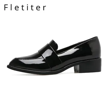 

Fletiter womens dress shoes oxford shoes formal work footwear black flats slip-on retro genuine leather women Loafers size 42