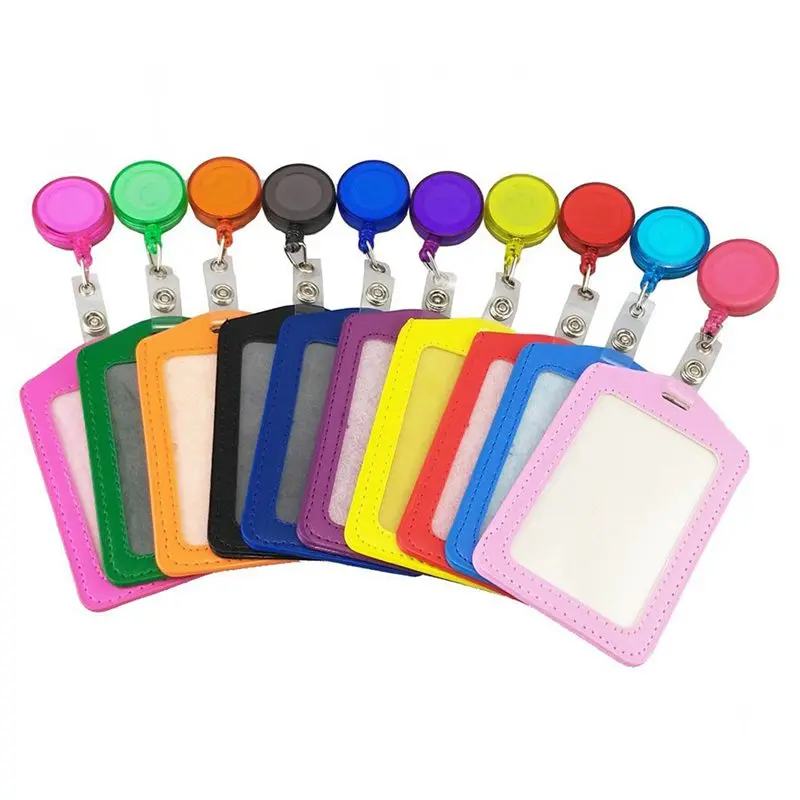 

Pack of 10 Leather ID Badge Card Holder with Retractable ID Badge Reel