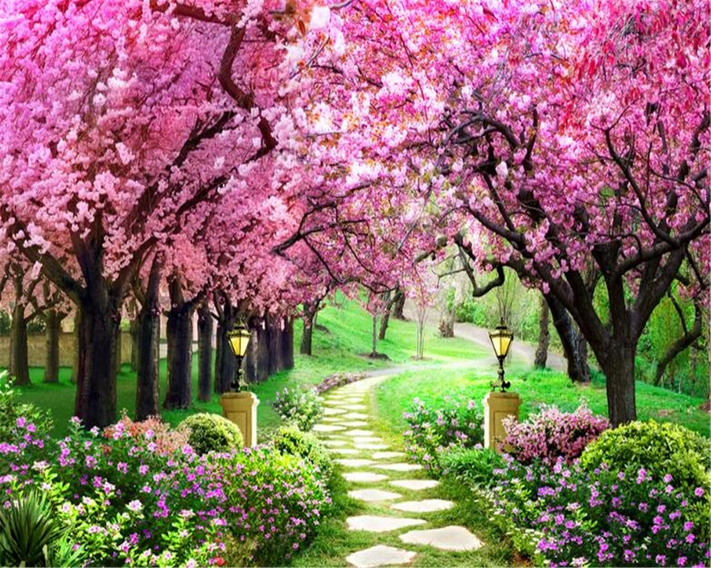Beibehang 3d Wallpaper Sakura Grove Wooden Garden Path Landscape