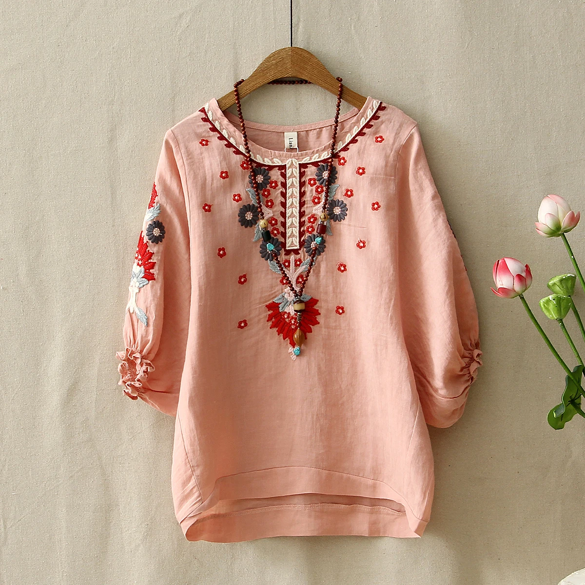 Top Bordadas Suelta Linterna Para Étnicas Mujeres De rosado Marino Blancas Algodón Manga Media Camisa Lino Blusas blanco Verde azul Vintage rojo Florales Casual ZWnAZdq