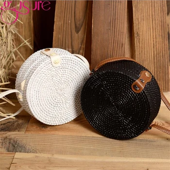 

Gusure Summer Circle White Black Crossbody Bags Hand-Woven Rattan Round Straw Beach Travel Shoulder Bag Girls Bali Bohemia