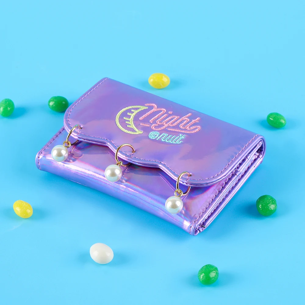 

Women Fashion Short Wallet Purple Hologram Moon Embroidery Pearl Purse Clutch Coin Purse Cute Girl Metallic Color Laser Coin Bag
