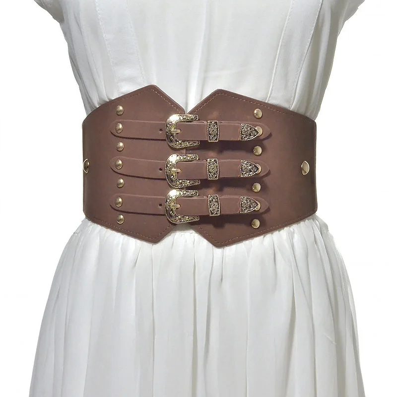 

Women Imitation Leather Waist Belts Patterned Buckle Elastic Wide Belt -MX8