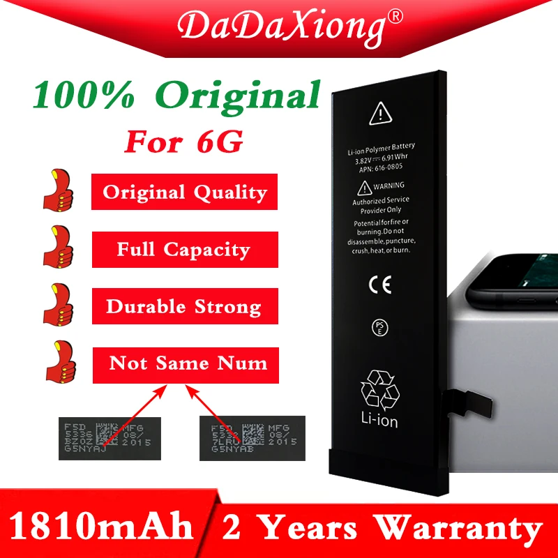 

2018 100% Original 10pcs/lot Da Da Xiong Factory Battery for iPhone 6 6G 1810mAh 3.82V 0 cycle repair 100% Genuine Reprinted