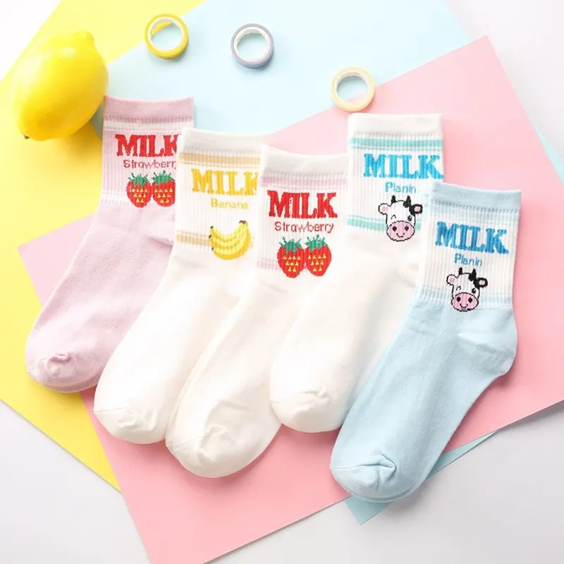 

Kawaii Jacquard Fruit Strawberry Milk Pinky/White Women Socks Japanese Harajuku Funny Socks Calcetines Mujer