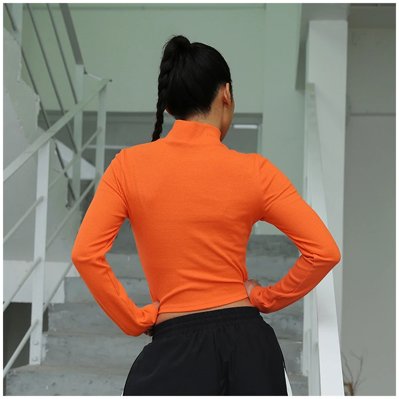 Rapwriter модная оранжевая трикотажная футболка с высоким воротом на молнии спереди для женщин, осень, Стрейчевые укороченные топы с длинным рукавом для женщин