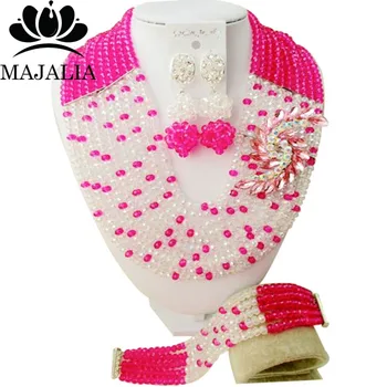 

Fashion african jewelry set Hot Pink nigerian wedding african beads jewelry set Crystal Free shipping Majalia-420