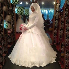 Long Sleeve Lace Tiered Muslim Hijab Wedding Dresses High Neck Ball Gown Muslim Wedding Dress Muslin Bridal Dresses Gowns WM21