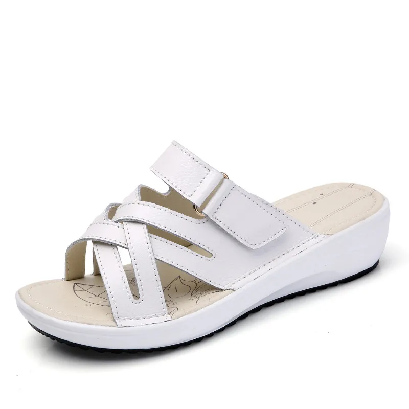 PINSEN/ г., летние женские сандалии на плоской подошве Удобные Пляжные сандалии из натуральной кожи с круглым носком женские сандалии, женская обувь - Цвет: Белый