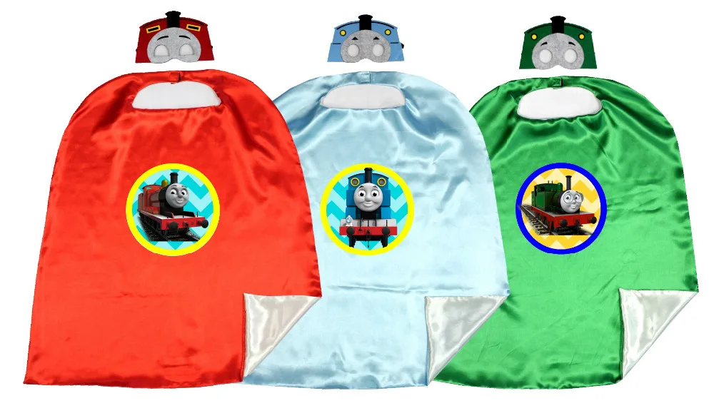 

70*80cm 2layer Unique Capes matching masks Thmoas the Train costume BirthdayParty Favor Capes + Masks