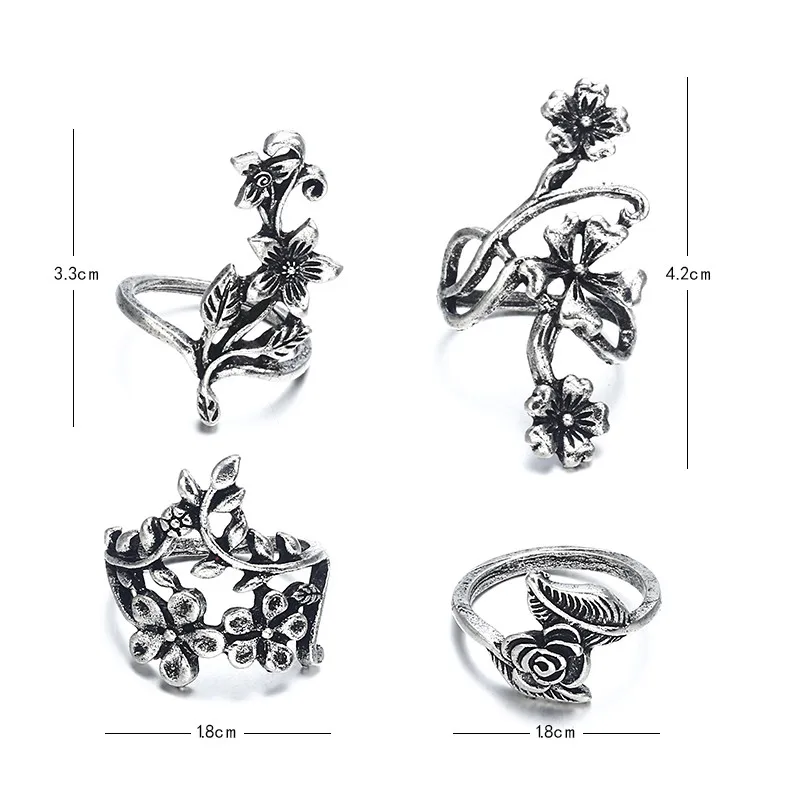 Vintage Rose Flower Rings Set for Women Girl Bohemia Antique Silver Color Midi Rings Set Floral Knuckle Ring jewelry nj31