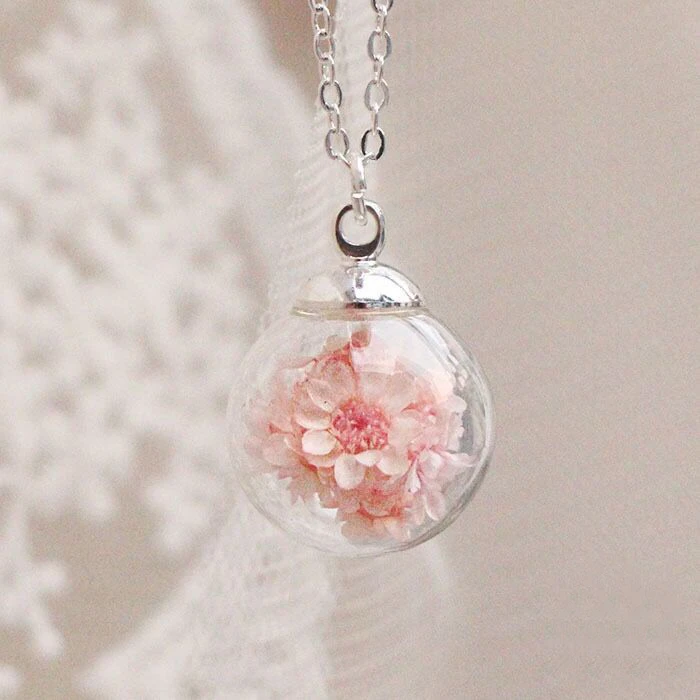Pink Flower Pendant Necklace Glass Ball With Tiny Flowers Silver and Pink Crystal /& Pearl Charm Real Dried Flowers