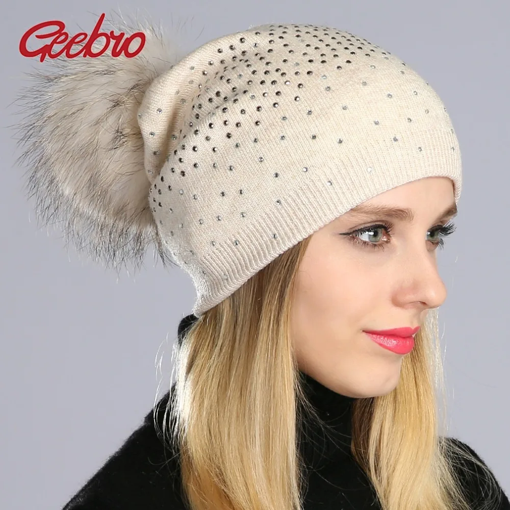 Geebro бренд для женщин помпоны Стразы шапочка шапки зимние теплые вязаные кашемировые мешковатые шапки-боб для енота Мех животных помпон кепки