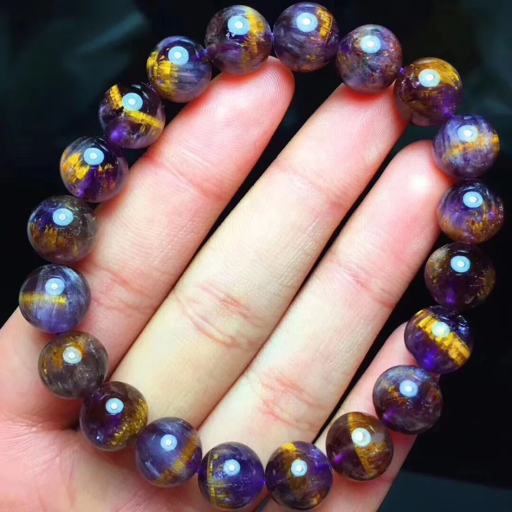 

100% Natural Cacoxenite Rutilated Quartz Bracelet Gold Purple 9.5mm Round Bead Fashion Gemstone Healing Stretch Drop Shipping